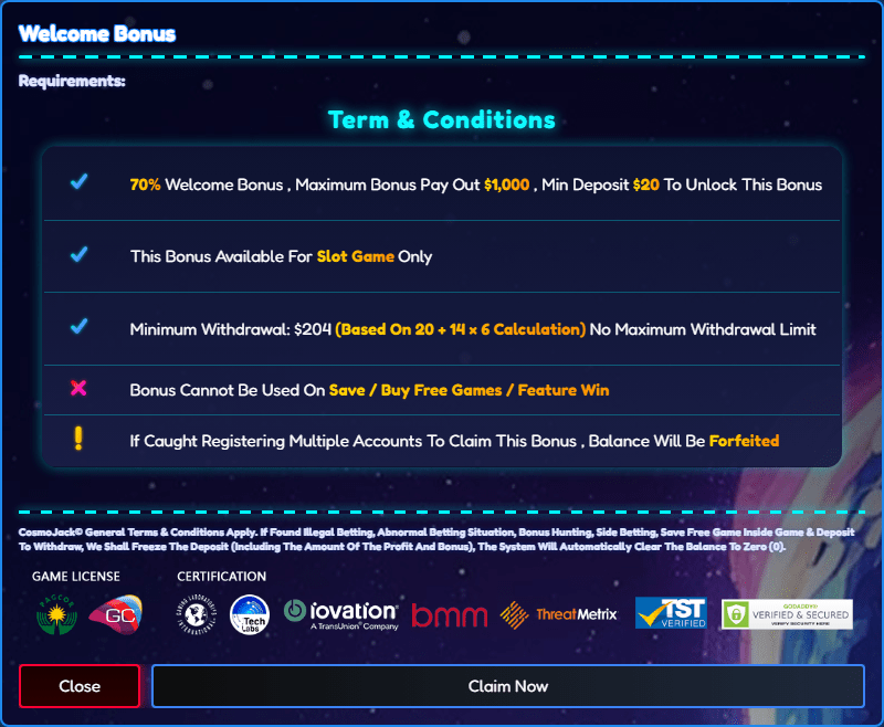 CosmoJack welcome bonus modal showing 70 percent offer, 20 dollar minimum deposit and withdrawal terms