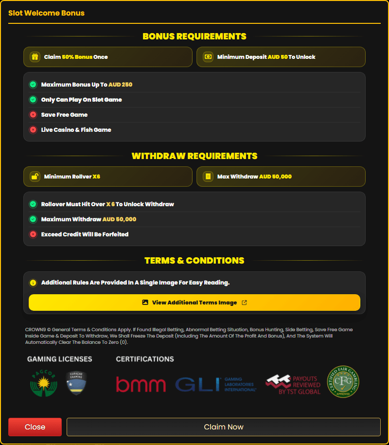 Crown9 slot welcome bonus modal showing 50 percent offer, AUD 50 minimum deposit and withdrawal terms