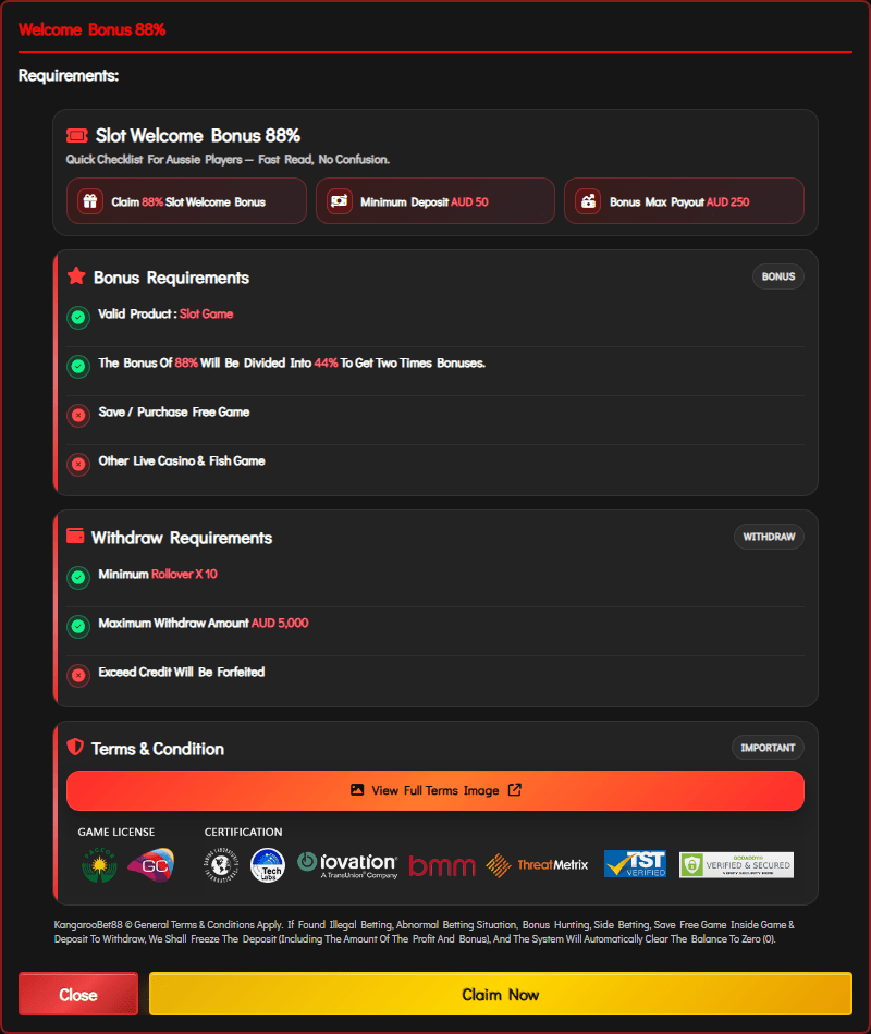 KangarooBet88 welcome bonus modal showing 88 percent slot offer split into 44 percent bonus parts