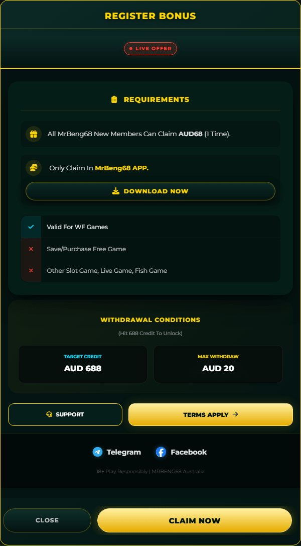 Mrbeng68 register bonus modal showing AUD 68 new member bonus and AUD 20 maximum withdrawal