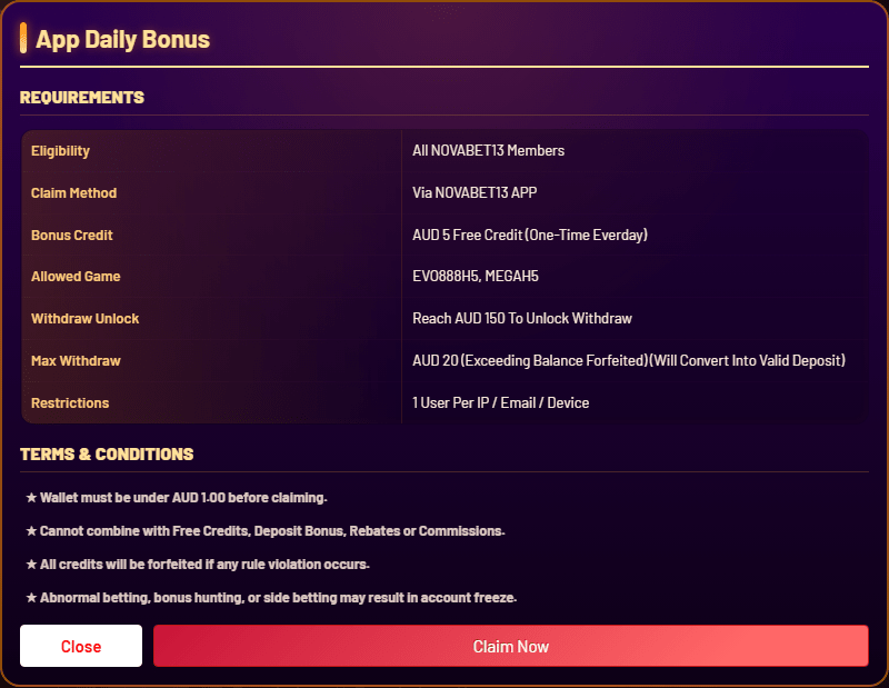 Novabet app daily bonus modal showing AUD 5 free credit and withdrawal unlock terms