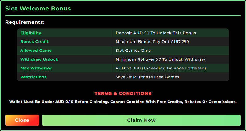 XPay33 slot welcome bonus modal showing 50 percent offer, AUD 50 minimum deposit and cashout terms